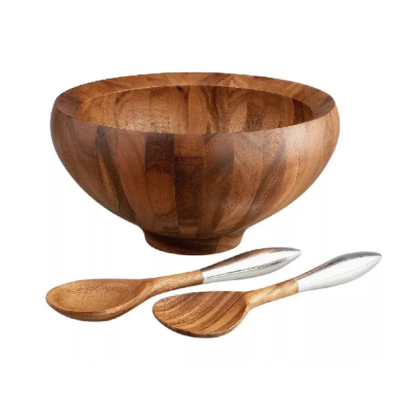 Designer glass trays with handles-Nambe Yaro Acacia-Wood Salad Bowl with 2 Servers - Brown - 14" x 7"