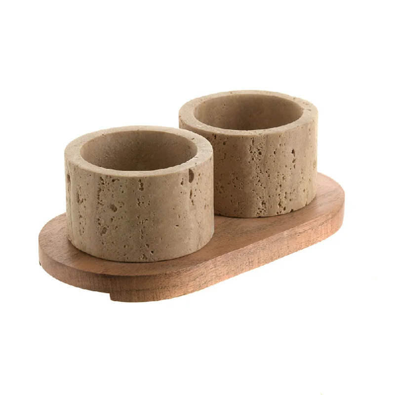 Designer dinnerware with bold designs-CONDIMENT SET Beige Travertine with Acacia Wood 19x10cm