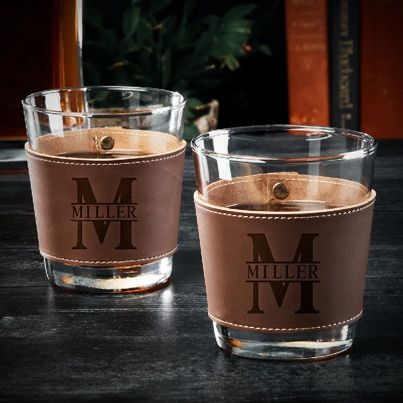 Chic ceramic tumblers with designs-Stratford Whiskey Glasses with Custom Leather Wrap, Set of 2