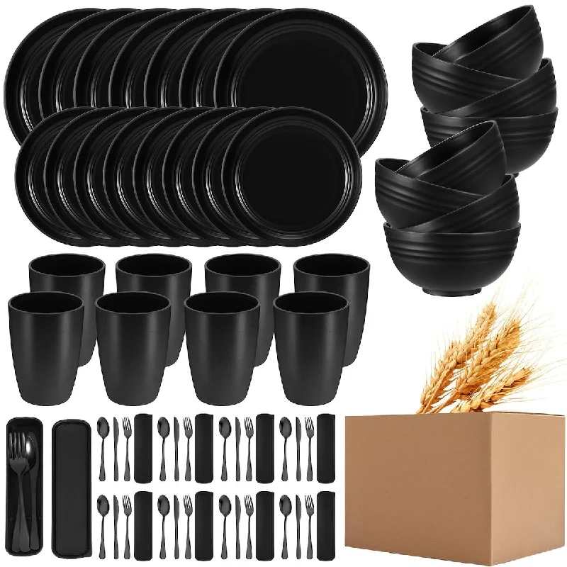 Designer appetizer trays with sections-64 Pcs Wheat Straw Dinnerware Sets Flatware Unbreakable Plates & Bowls Sets Tableware Set Kitchen Microwave Dishwasher Safe Bowl