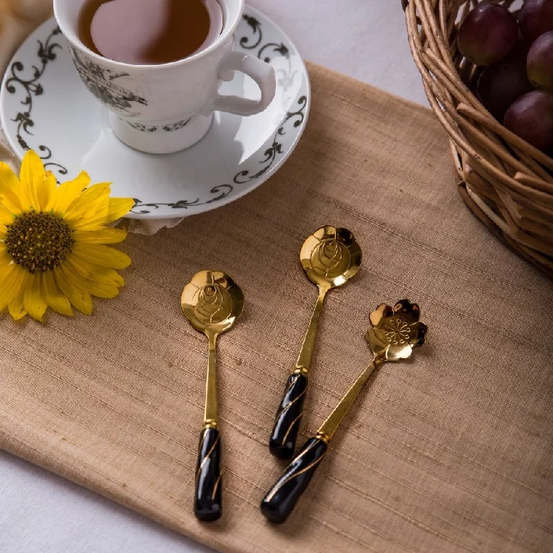 Boho-inspired glass bowls-Black Cherry Blossom Rose Shape Cutlery - Set of 6