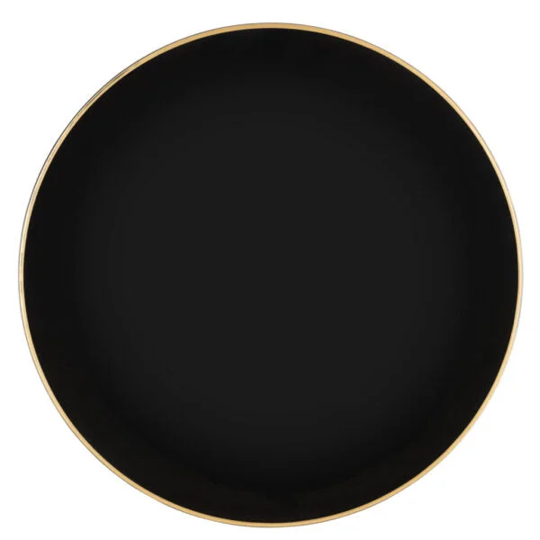 Trendy matte dinnerware sets-Black and Gold Rim 13″ Round Plastic Charger Plate - 4 Pack