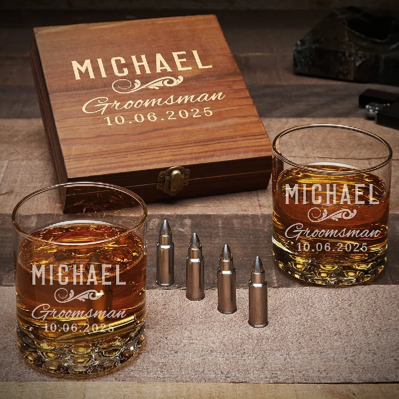 Lightweight mugs for office use-Classic Custom Whiskey Gift for Groomsmen with Buckman Glasses and Bullet Whiskey Stones