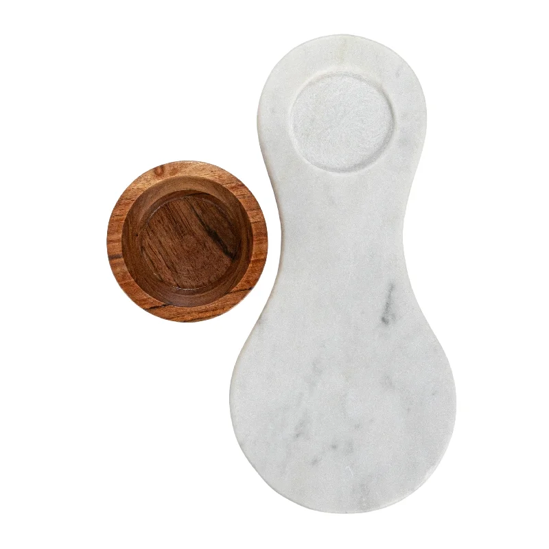 Designer ceramic dishes for meals-Marble Serving Board with Mango Wood Bowl - 10.0"L x 4.8"W x 2.5"H - 10.0"L x 4.8"W x 2.5"H