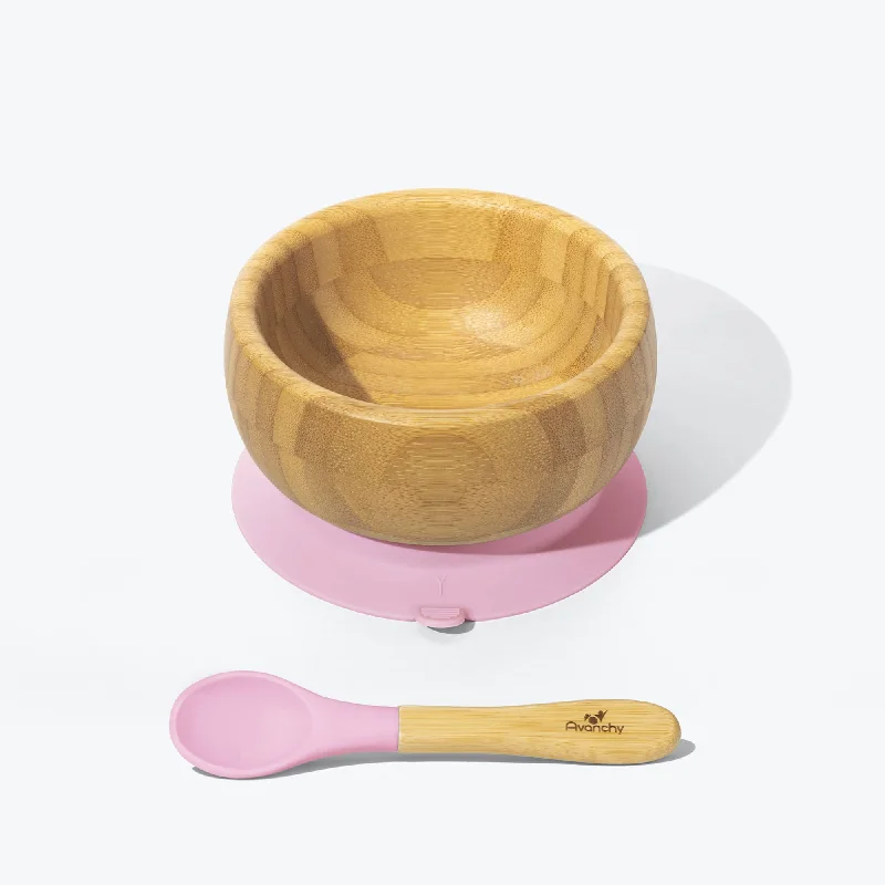 Oversized bowls for family dinners-Avanchy Bamboo Suction Baby Bowl + Spoon - Pink