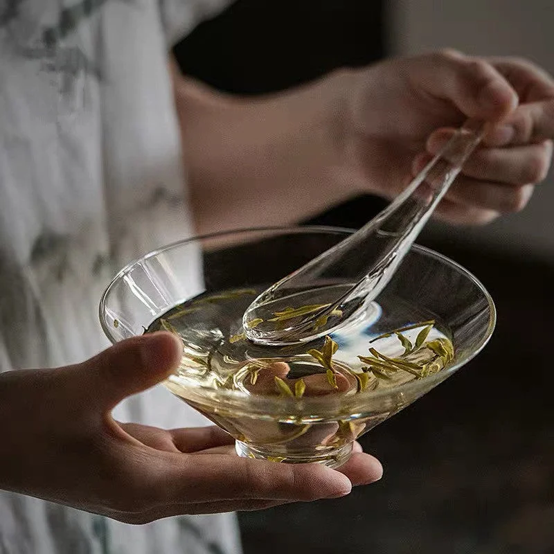 Structured ceramic trays for gifting-Gohobi Handmade Round Glass Bowl with Spoon