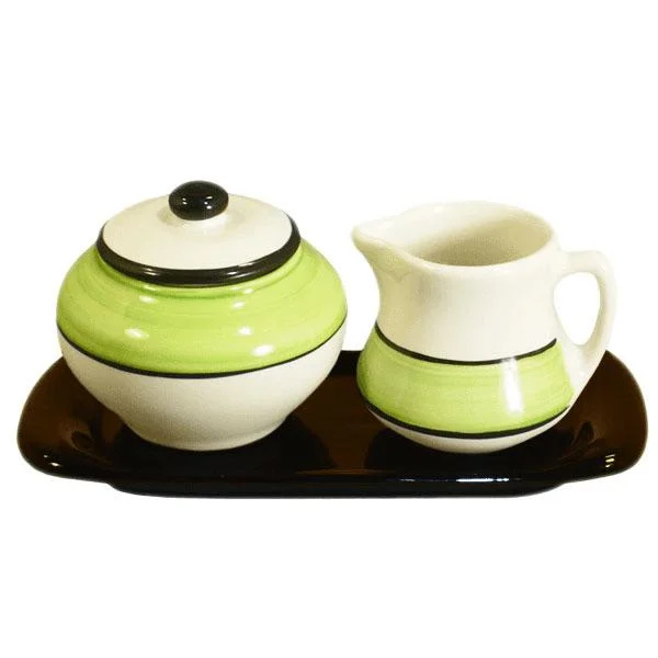 Durable melamine dishes for kids-Sugar and Creamer Set - White and Lime Green | Spree Pattern