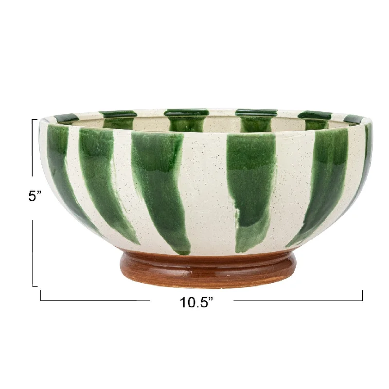 Designer porcelain plates with patterns-Hand-Painted Stoneware Footed Bowl with Stripes - 10.4"L x 10.4"W x 4.9"H - 10.4"L x 10.4"W x 4.9"H