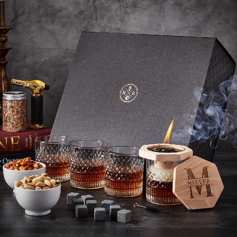 Structured ceramic mugs for gifting-Black Diamond Personalized Whiskey Smoker Kit - 14pc Luxury Box Set