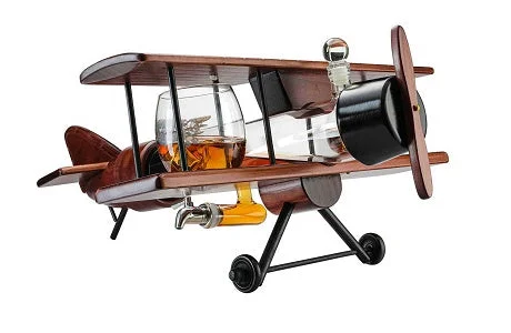 Designer glass mugs with handles-The Wine Savant Whiskey Decanter Airplane Set and Glasses Antique Wood Airplane