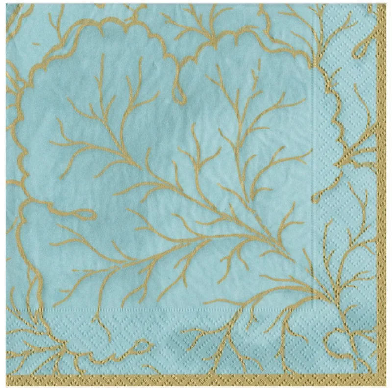 High-end crystal platters for guests-Caspari Cocktail Napkins: Gilded Majolica  - Aqua