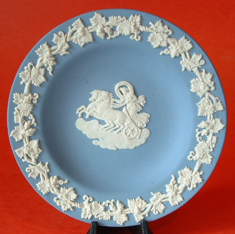 Trendy floral plates for women-Wedgwood Blue Jasperware Pin Dish Round Aurora And The Chariot Of Dawn 1970s