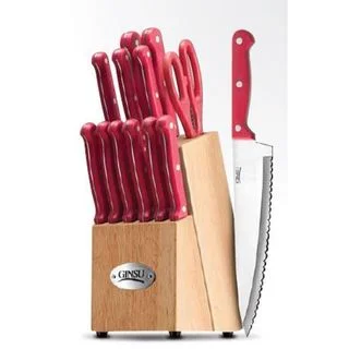 Soft plastic dishes for outdoor use-Ginsu Essential Series Red Stainless Steel Cutlery Set With Natural Wood Block (14-piece Set)