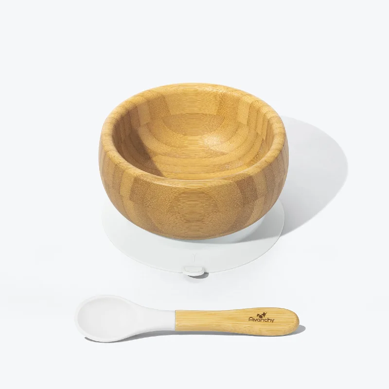 Mini appetizer plates for entertaining-Avanchy Bamboo Suction Baby Bowl + Spoon - White