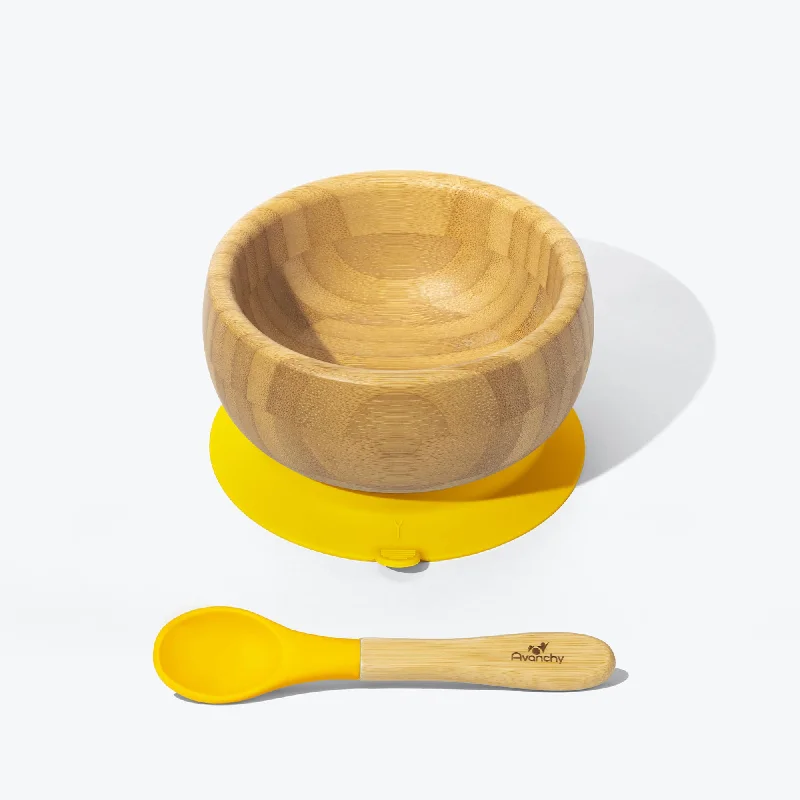 Stylish gold-trimmed plates-Avanchy Bamboo Suction Baby Bowl + Spoon - Yellow