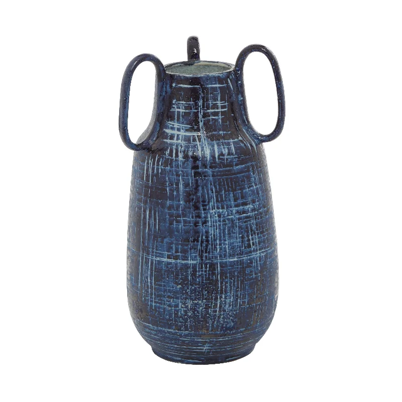 Stylish hanging planters for indoors-Ceramic Decorative Vase with Handles - Blue - Roche River Decor