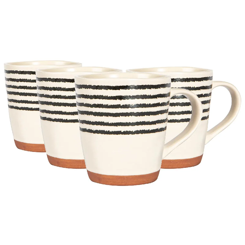 Personalized travel mugs for women-360ml Striped Rim Portuguese Stoneware Coffee Mugs - Pack of Four - By Nicola Spring