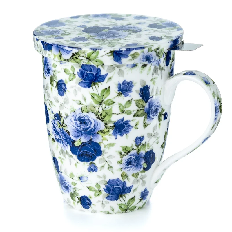 Heavy-duty stainless steel mugs-Chintz Dark Blue Roses Tea Mug w/ Infuser and Lid | NEW for 2024