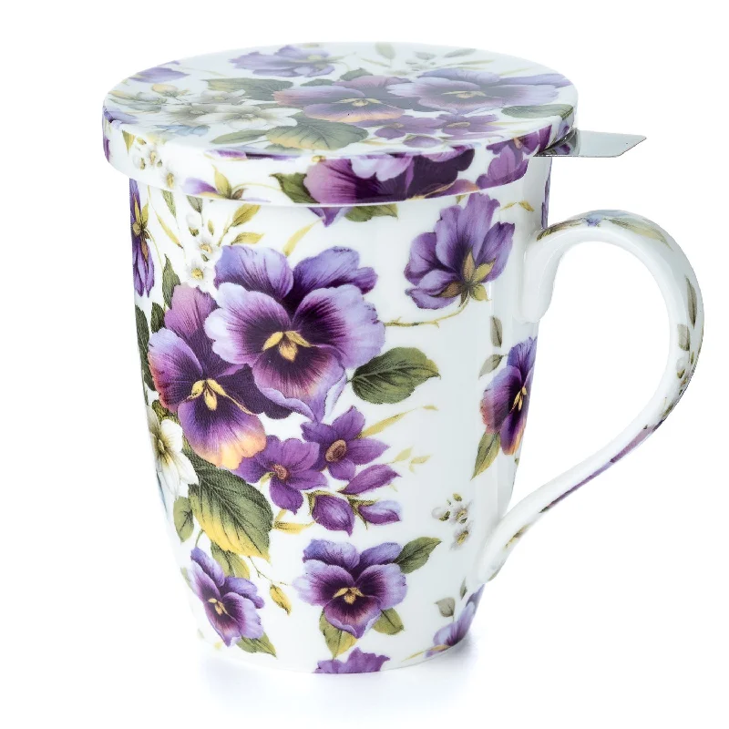 Luxury crystal mugs for special occasions-Chintz Purple Pansies Tea Mug w/ Infuser and Lid | NEW for 2024