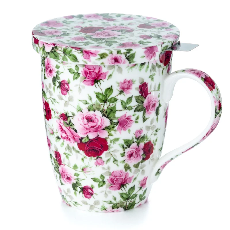 nsulated stainless steel cups for coffee-Chintz Red & Pink Roses Tea Mug w/ Infuser and Lid | NEW for 2024