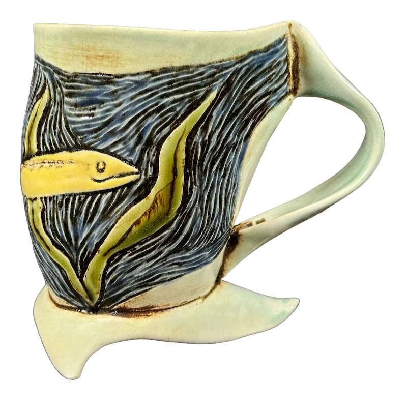 Trendy double-wall coffee mugs-Fish And Plants Underwater Etched Pottery Mug RRS Pottery