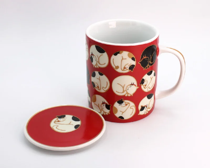 Vintage-inspired glass cups-Red Cat Mug with Lid