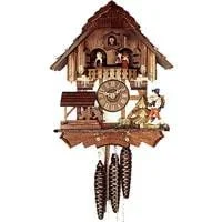 Soft fabric wall panels-Rombach & Haas (Romba) HAPPY WANDERER Model 1314 8-Day Black Forest Cuckoo Clock, Tudor Style Chalet, Animated Figures and Music Box