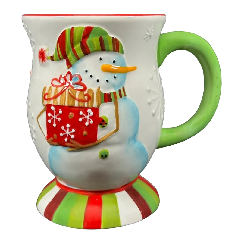 Vintage-inspired teacups with saucers-Snowman Holding Gift Embossed Large Pedestal Mug Pier 1 Imports