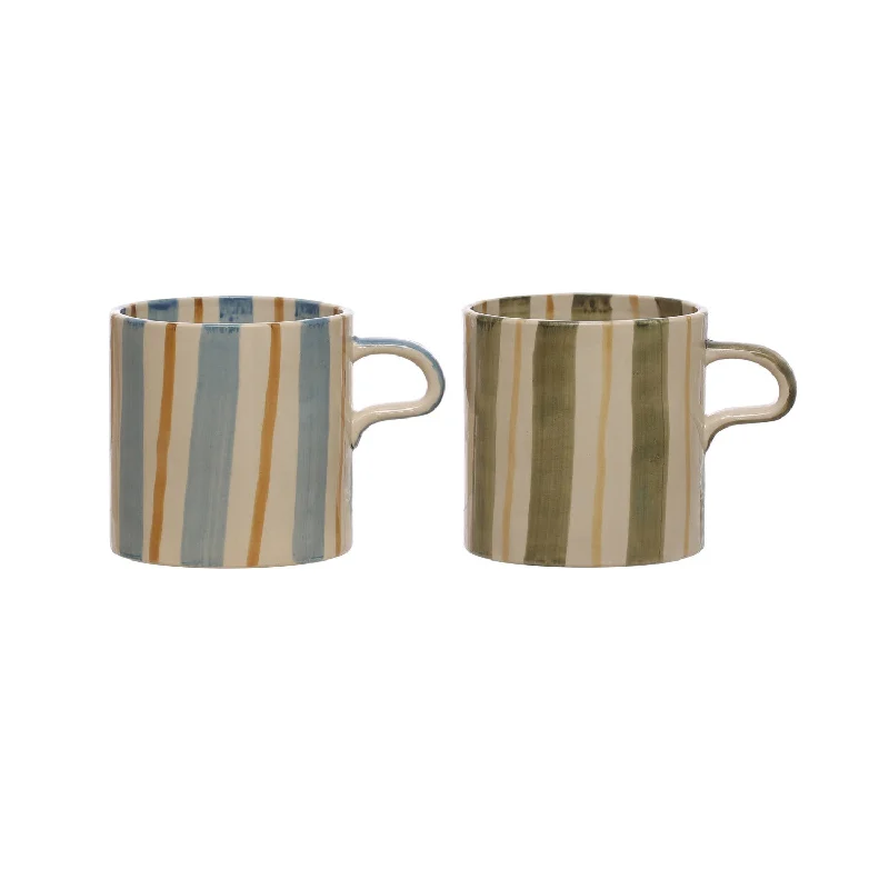 High-quality porcelain cups for guests-Striped Hand Painted Stoneware Mug