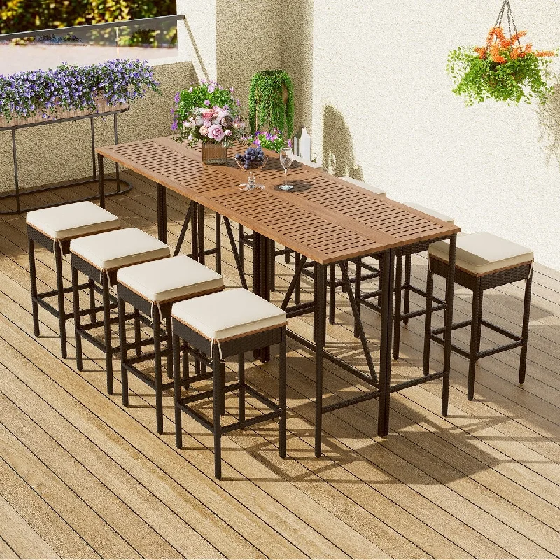 Trendy metallic wall sculptures-10-Piece Outdoor Table,8 Stools With Cushions,PE Rattan Wicker Dining Table,Foldable Tabletop,All-Weather Patio Furniture