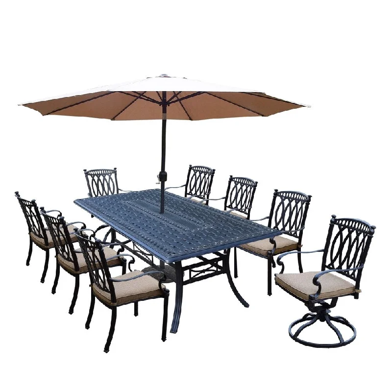 Designer ceiling lights with crystals-11 Pc Aluminum Dining Set with Table, 6 Stackable Chairs, 2 Swivel Rockers, Cushions, 9 ft Tilt & Crank Umbrella and Stand