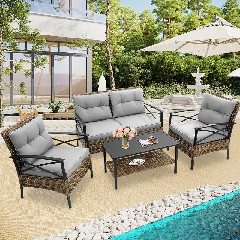 Vintage porcelain vases for collectors-4-Piece Outdoor Patio Rattan Furniture Set, Thick Cushions&Side Table - 1 Table+2 Single chairs+1 Loveseat