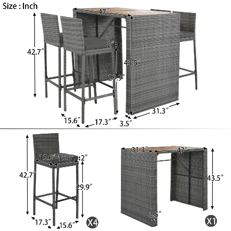 Elegant glass wall art-5-pieces Outdoor Patio Wicker Bar Set, Bar Height Chairs With Non-Slip Feet And Fixed Rope, Removable Cushion - N/A