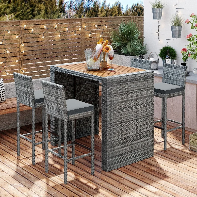 Bright colored rugs for kids’ rooms-5-Pieces Outdoor Patio Wicker Bar Set, Outdoor Patio Dining Set, Bar Height Chairs with Removable Cushion, Acacia Wood Table Top