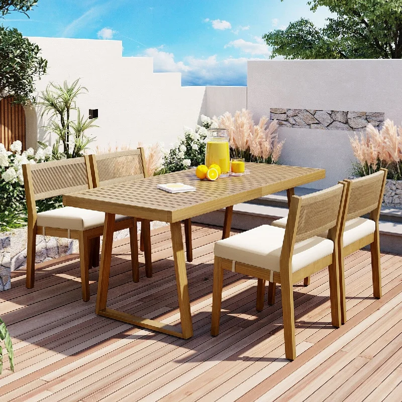 Designer planters with drainage-5-Pieces Outdoor Wood Dining Set, Wood Frame Table and 4 Chairs with Cushions, Suitable For Patio, Balcony Or Backyard