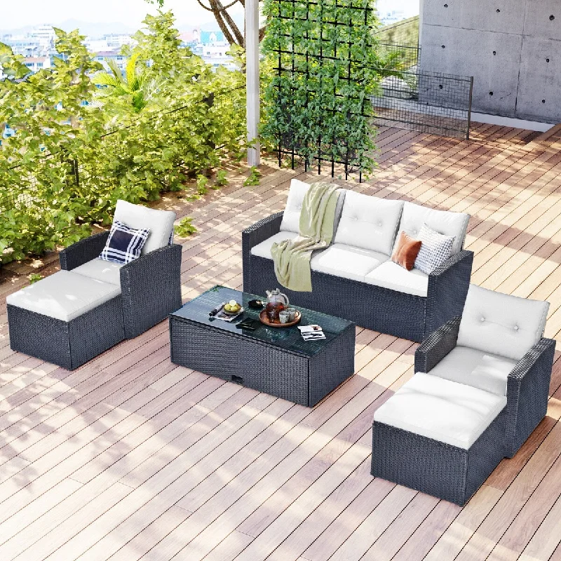 Compact wall shelves for small spaces-6-piece All-Weather PE rattan Patio Outdoor Dining Conversation Sectional Set,coffee table, sofas,ottomans,removable cushions