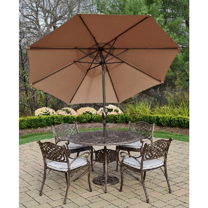 Designer mini sculptures for desks-7 pc Dining Set with Round Table, 4 Cushioned Chairs, Umbrella, Stand