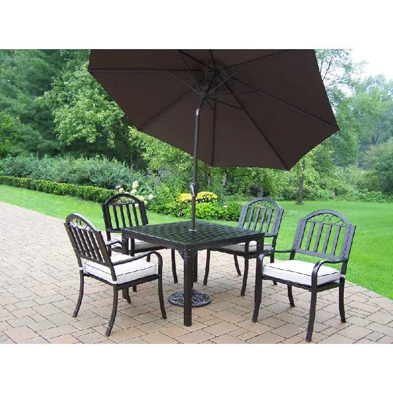 Portable decorative lanterns for patios-7 Pc Dining Set with Square Table, 4 Cushioned Chairs, Umbrella, Stand