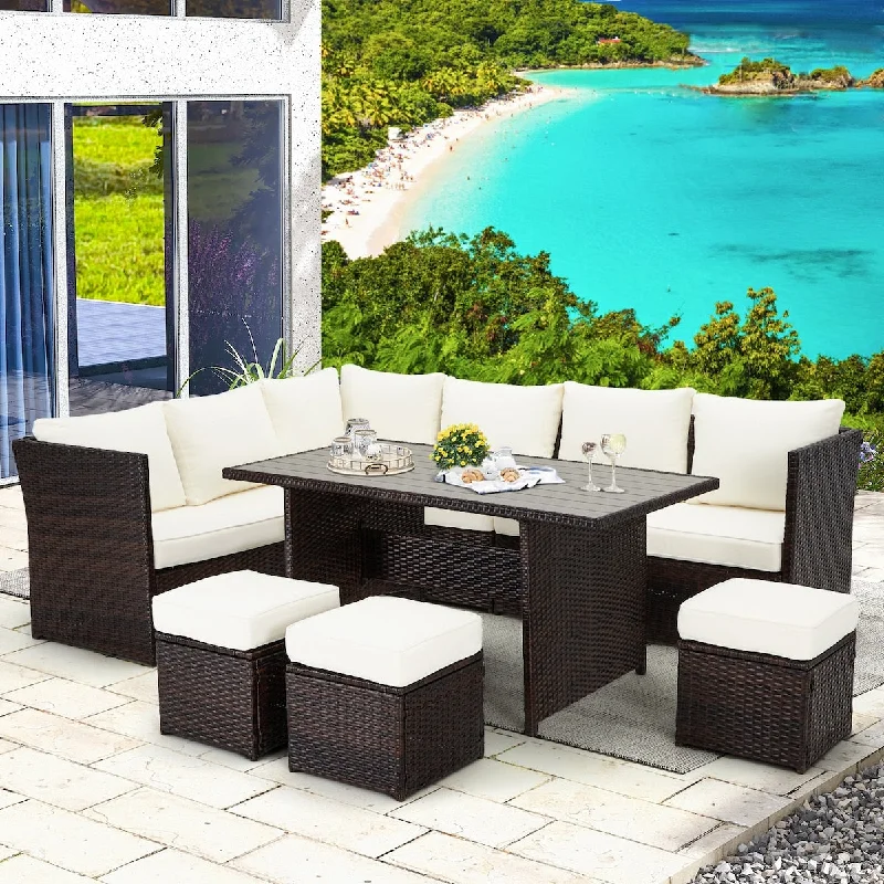 Chic matte wall mirrors-7-Piece Outdoor Patio Rattan Furniture Sets with 1 Table, 3 Double Sofas, 3 Ottomans & Cushions