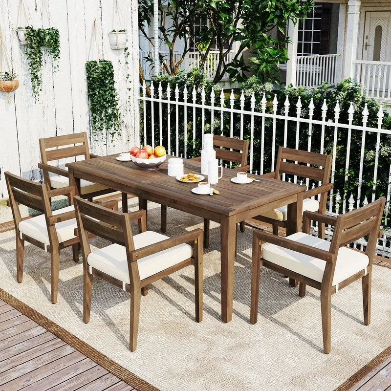 Designer decor with bold patterns-7 Piece Outdoor Patio Wood Dining Table Sets with 6 Cushioned Chairs