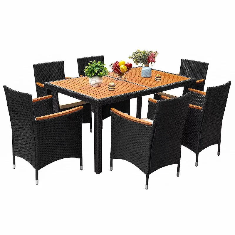 Multi-purpose wooden trays-7 Piece Patio Dining Set Outdoor Acacia Wood Table and Chairs with Soft Cushions Wicker Patio Furniture for Backyard, Garden