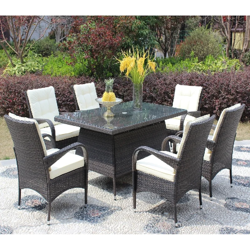 Structured ceramic planters-7-Piece Wicker Outdoor Rectangular Dining Set with 6 Dining Chairs and Beige Cushion