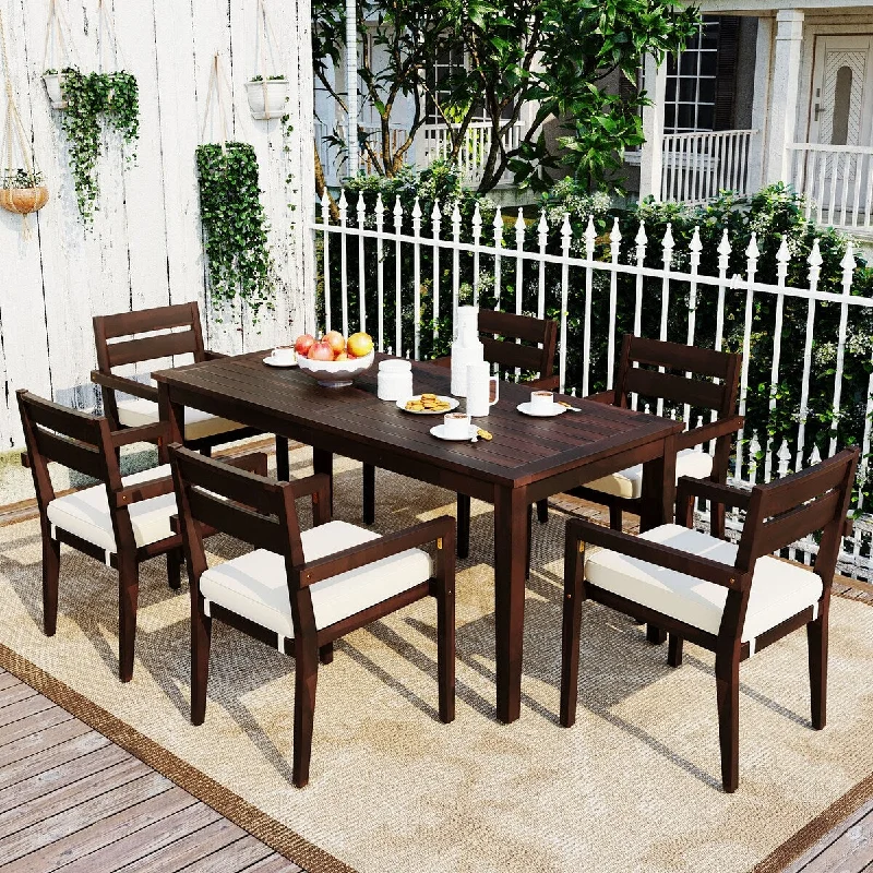 Mini wall art for bathrooms-7-Pieces Outdoor Wood Dining Set, Table and 6 Chairs with Cushions