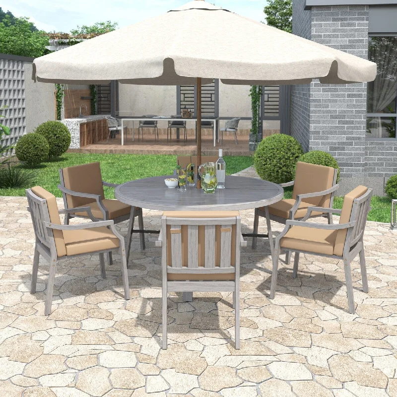 Retro-style wall art for kitchens-7-Pieces Outdoor Wooden Round Dinning Table and Chair Set with an Umbrella Hole and Removable Cushions