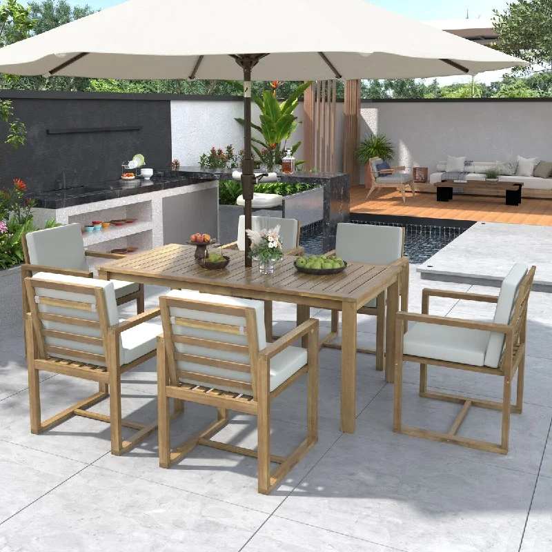 High-end crystal vases for flowers-7-Pieces Patio Dining Set Outdoor Dining Table and Chair Set with Removable Cushions & Built-In Umbrella Hole