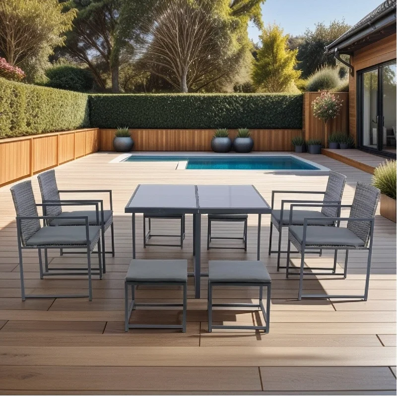 Trendy holographic decor pieces-9-Piece Outdoor Patio Dining Sets with Glass Table Top and Grey Cushion