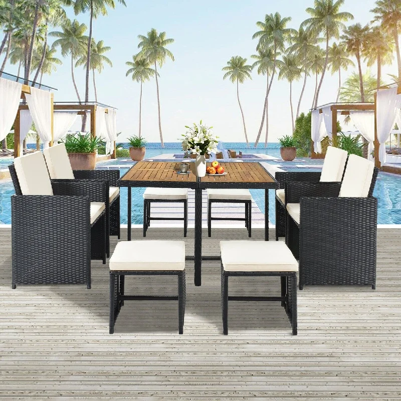 Affordable wall tapestries for dorms-9 Pieces Outdoor Patio Rattan Dining Table Set with Cushions