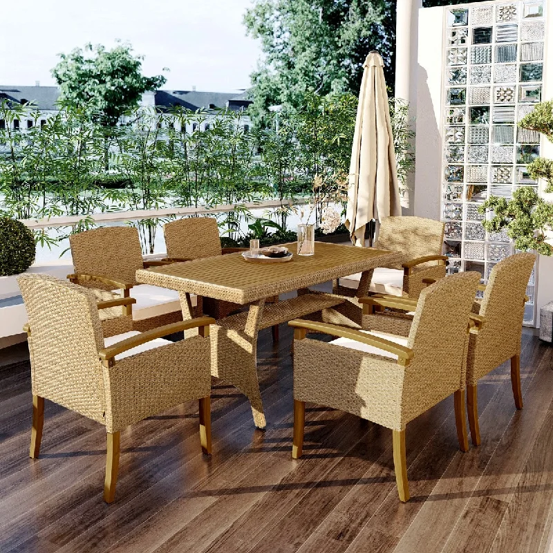 Boho-style ceramic vases-All Weather Outdoor Patio 7-Piece Dining Table Set with Wood Tabletop and Cushions for 6