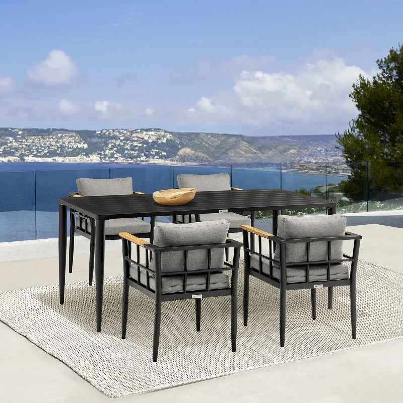 Chic metal wall art-Beowulf Outdoor Patio 5-Piece Dining Table Set in Aluminum and Teak with Grey Cushions