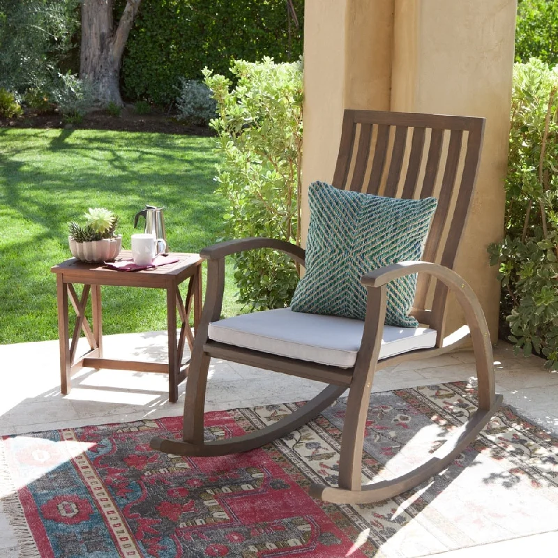 Elegant silk curtains for windows-Cayo Outdoor Acacia Wood Rocking Chair with Cushion by Christopher Knight Home